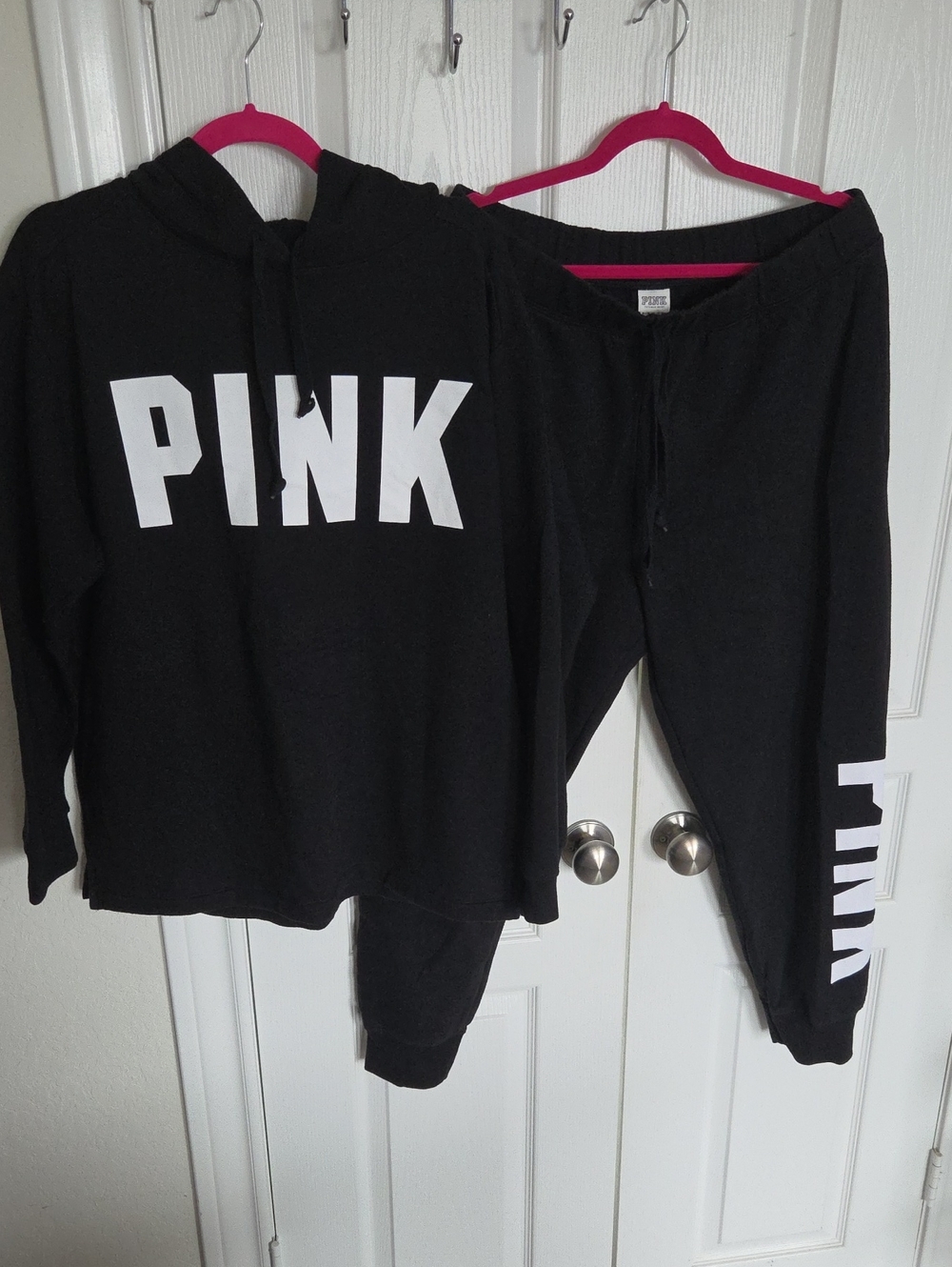 PINK Victoria's Secret Black Hoodie & Jogger Set with White Logo